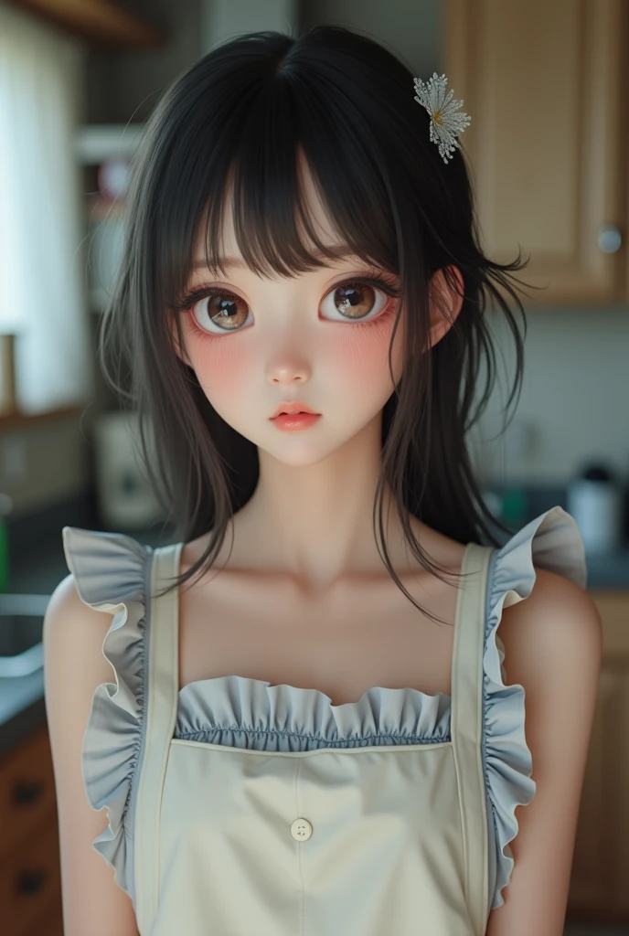 ((Highest quality, 8k, masterpiece :1.3)), (Reality Photos:1.37)、Very detailed、Ultra-high resolution, ((From the side:1.2、From below)),((Full body photo)),Small breasts、Perfect Face、Beautiful expression、Beautiful Face、Beautiful Eyes、1 high school girl、乃木坂系beautiful girl:1.4,beautiful girl、Beautiful black hair、(Naked Apron:1.2、The shoulder straps are slipping and falling off.、Shoulders exposed:1.3,Short frill apron)、明るいキッチンに立つbeautiful girl、Embarrassing expression、Blushing