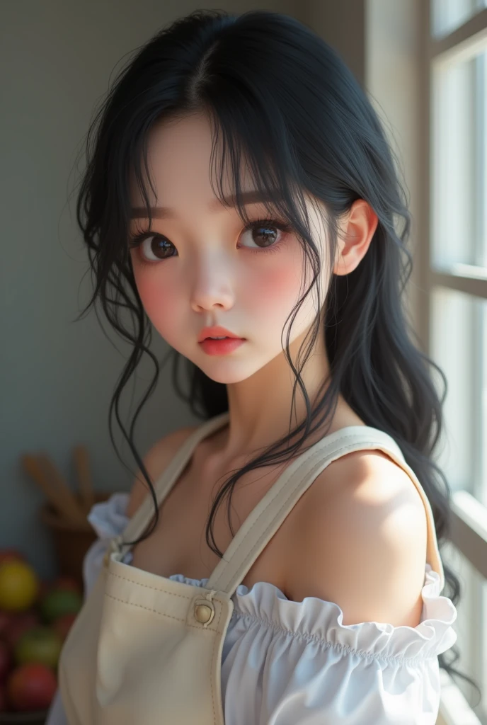 ((Highest quality, 8k,  masterpiece :1.3)), (Reality Photos:1.37)、Very detailed、Ultra-high resolution, ((From the side:1.2、From below)),((Full body photo)),Small breasts、Perfect Face、Beautiful expression、Beautiful Face、Beautiful Eyes、1 high school girl、乃木坂系beautiful girl:1.4,beautiful girl、Beautiful black hair、(Naked Apron:1.2、The shoulder straps are slipping and falling off.、Shoulders exposed:1.3,Short frill apron）、明るいキッチンに立つbeautiful girl、Embarrassing expression、Blushing