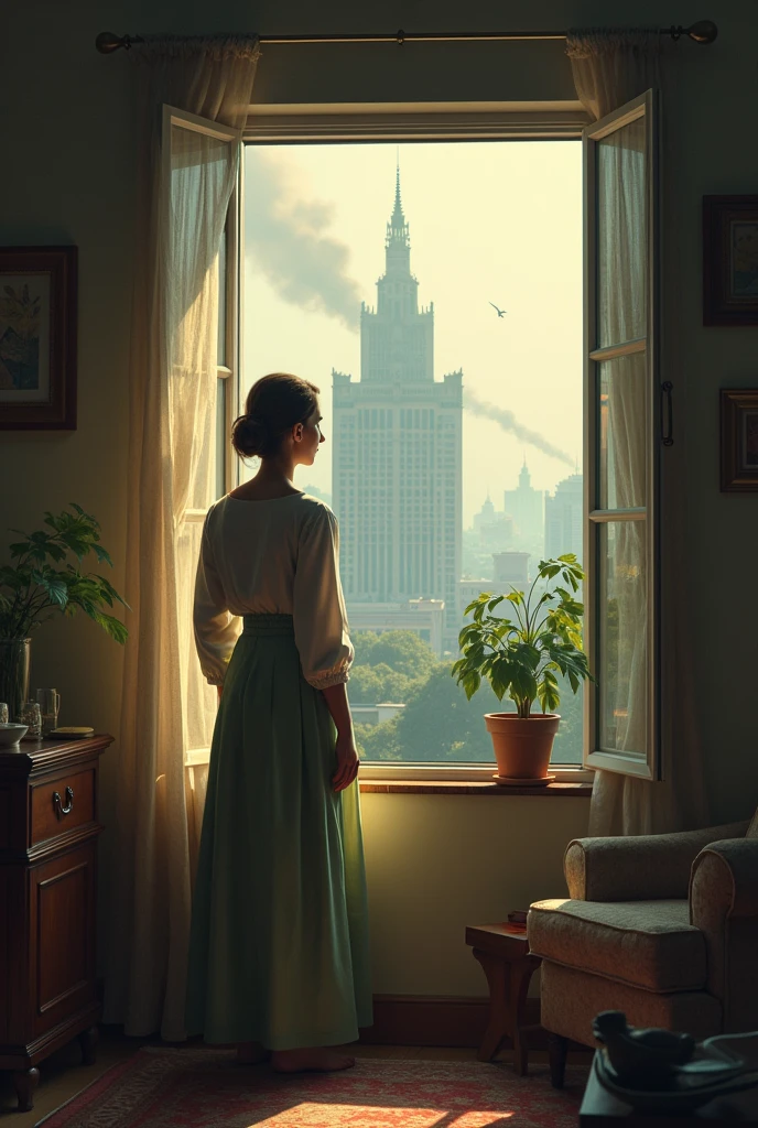 And an image where a housewife is inside the house when she opens the window and there is a landscape in the background of the window where we can see Brasilia with its monuments full of smoke and some of the smoke enters the house.