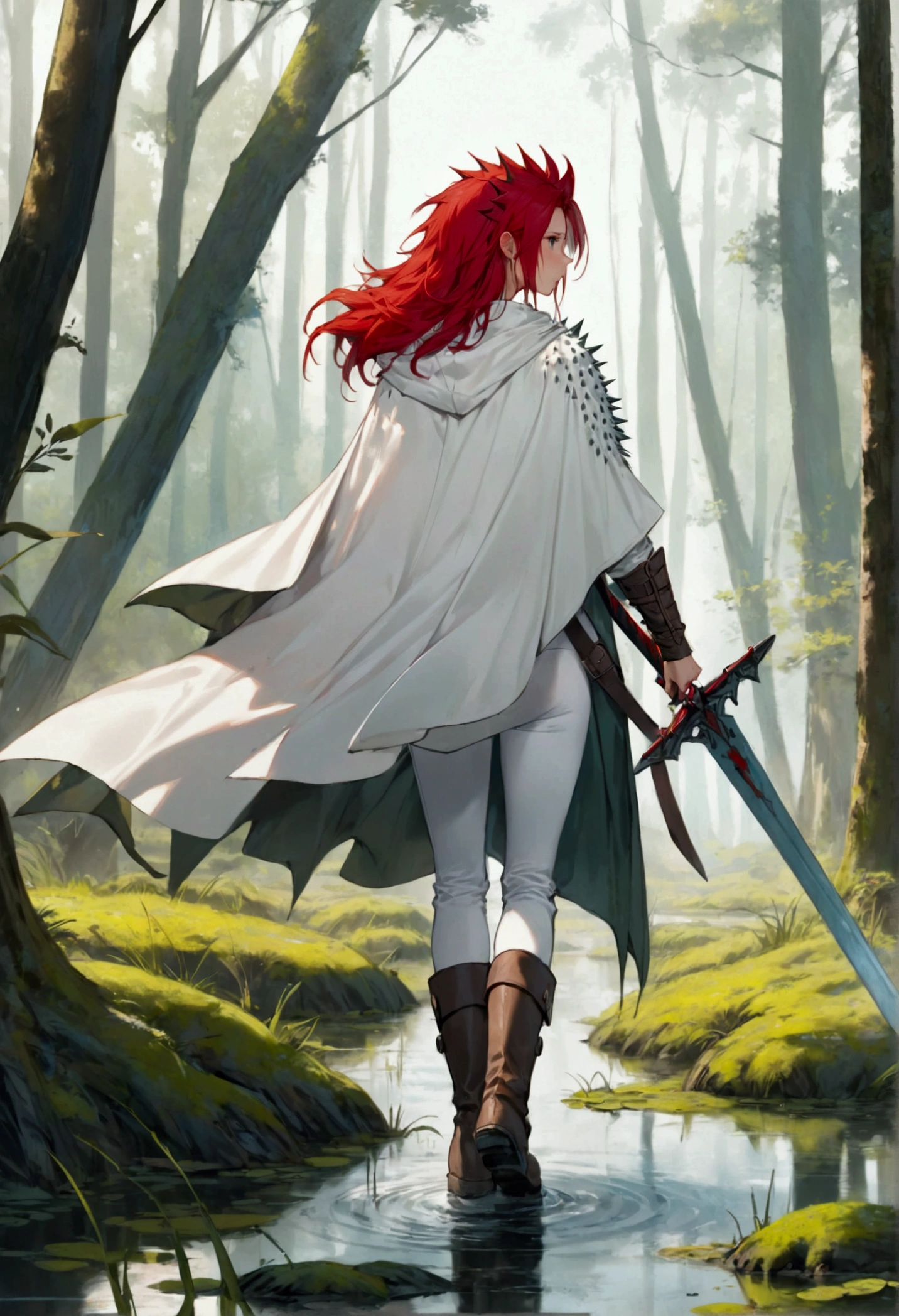 a young human woman with spiky red mane and white tight clothing of shirt and pants and boots and cloak with a greatsword at her back walking in a swamp of a fantasy world