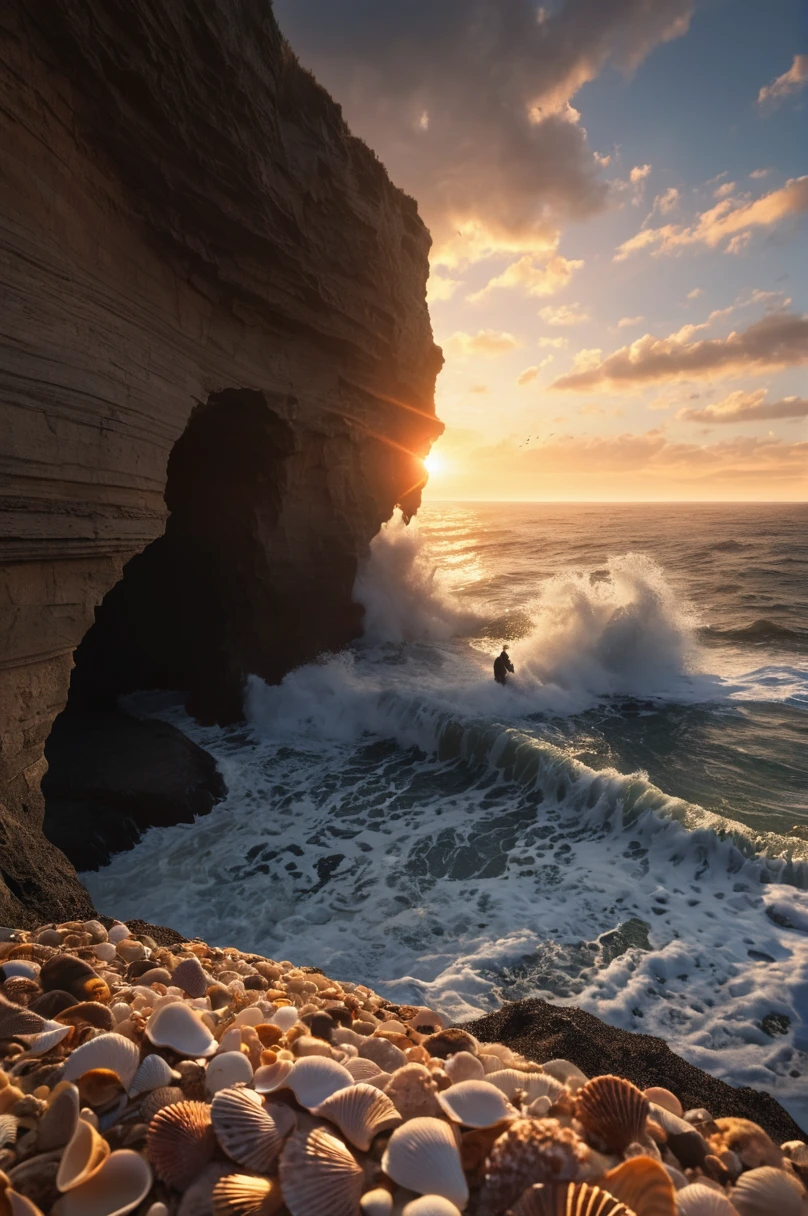agged cliffs, crashing waves, the person silhouetted against the sunset, detailed seashells, realistic cliff textures, high-quality dynamic lighting. (NSFW)