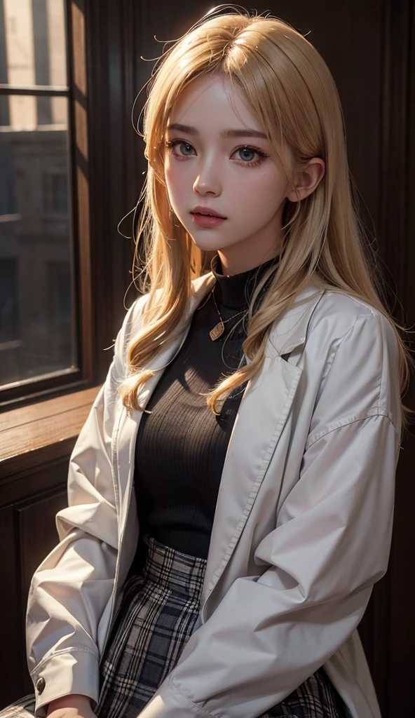 a young boy, long checkered skirt, digital camera, white jacket, blonde hair, looking forward, full body, centered in frame, (best quality,4k,8k,highres,masterpiece:1.2),ultra-detailed,(realistic,photorealistic,photo-realistic:1.37),cinematic lighting,intricate details,highly detailed face,beautiful detailed eyes,beautiful detailed lips,extremely detailed eyes and face,longeyelashes,cinematic lighting,chiaroscuro lighting,dramatic shadows,warm color palette,vibrant colors,photographic
