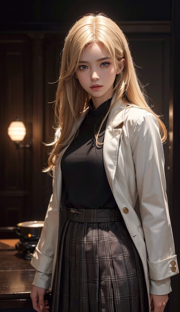 a young boy, long checkered skirt, digital camera, white jacket, blonde hair, looking forward, full body, centered in frame, (best quality,4k,8k,highres,masterpiece:1.2),ultra-detailed,(realistic,photorealistic,photo-realistic:1.37),cinematic lighting,intricate details,highly detailed face,beautiful detailed eyes,beautiful detailed lips,extremely detailed eyes and face,longeyelashes,cinematic lighting,chiaroscuro lighting,dramatic shadows,warm color palette,vibrant colors,photographic