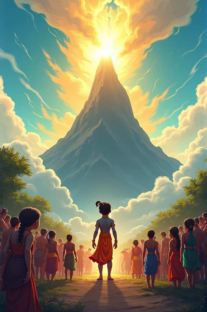 Create in the style of viral cartoon digital illustration in 4K quality, showing Govardhan Leela, Krishna taking refuge under Govardhan Mountain with the people of Gokul, gorgeous art style"