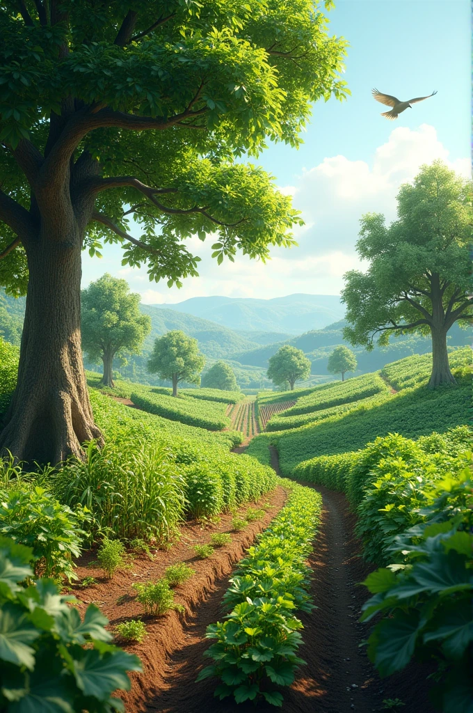 An image depicting an agroforestry system, where crops and trees are grown together, demonstrating how agriculture and forestry can coexist sustainably.