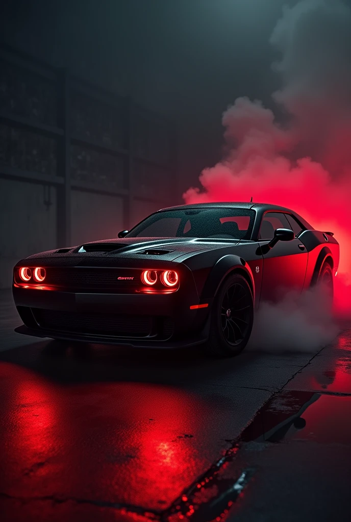 Dodge Challenger SRT hellcat red eye in black colour with red light with dark background with a little side view with fume with a death stare view