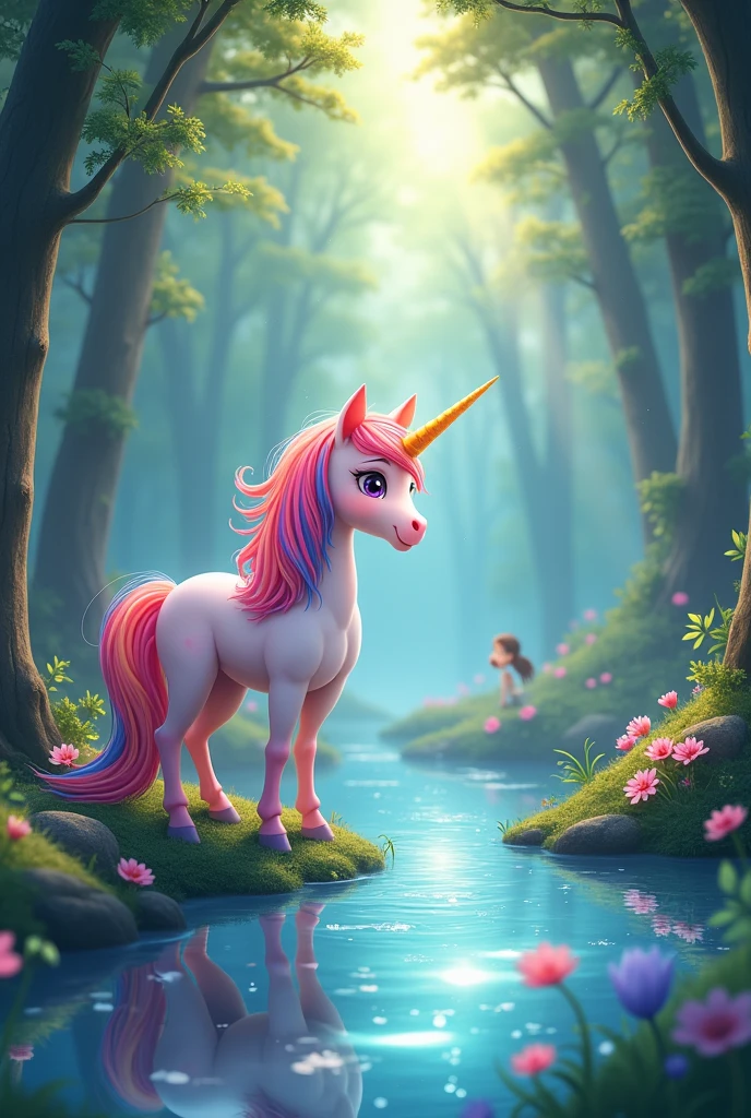 Create an image for story books One morning, Sparkle woke up feeling extra excited. "Today is going to be a special day, I can feel it!" she said, looking at her reflection in the sparkling river. She flicked her rainbow tail and decided to visit her best friend, Twinkle the fairy in this feeling can make Unicron 

