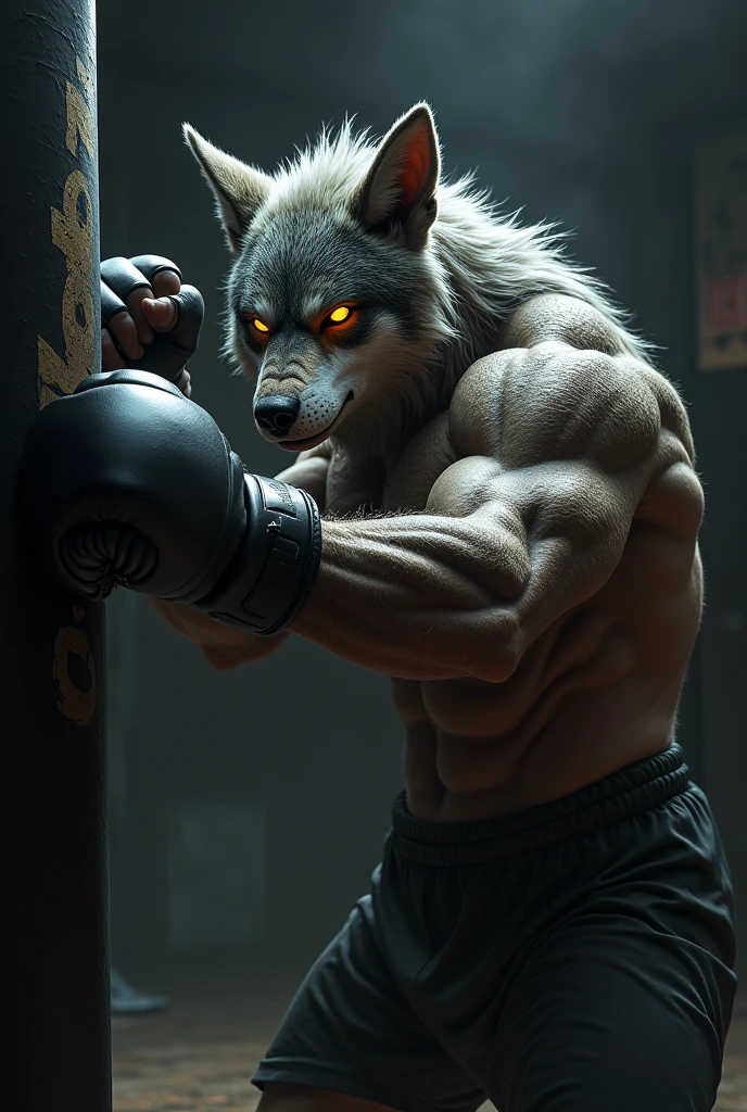 Humanoid wolf training in the shadows of an mma gym punching an aggressive punching bag with glowing amber eyes and a scowl, show only from the waist up