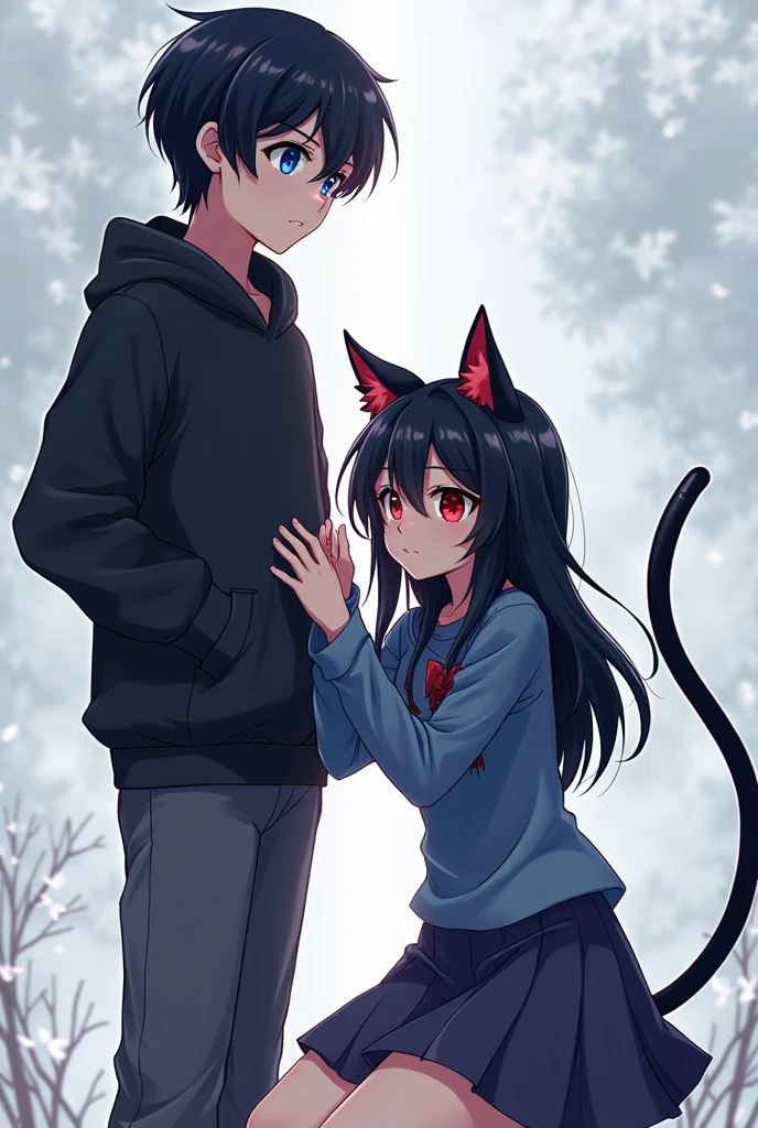 Anime boy with black hair and blue eyes standing and anime girl with black hair and red eyes with cat ears on her knees