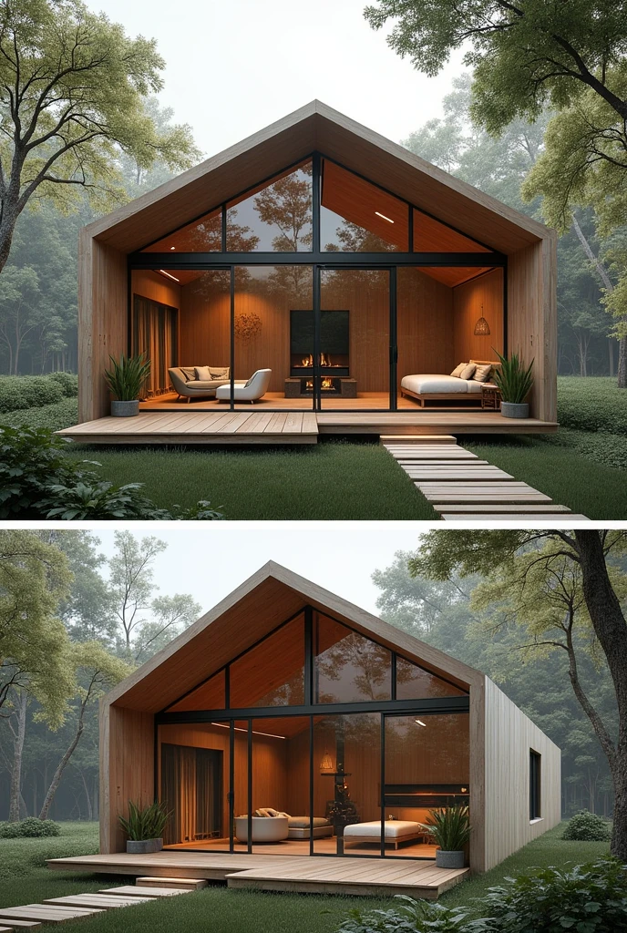 Design a 60m2 house, 1 small bedroom and shared bathroom: 1 double bedroom with suite and closet next to the living room: kitchen combined with the living room.
living room with fireplace and master bedroom with a view, separated by a wall with 60cm round eucalyptus columns, gable roof and glass front 
