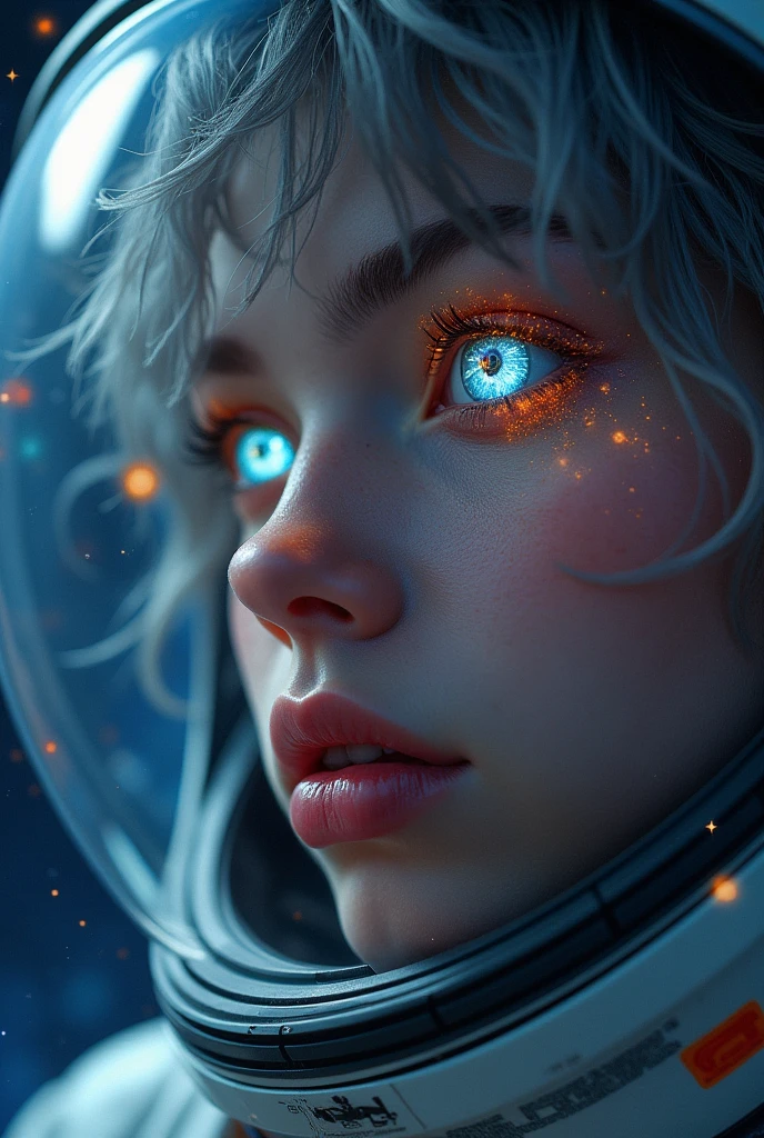 (Close-up of a better masterpiece:1.5)0.9], (Space and astronauts:1.2) (Messy silver hair:1.1) (Heterochromia xanthochromia and blue eyes:1.2) (Space Helmet:1.0) (Colored stars in the eyes:1.0) (A radiant glow:1.1) (thick lips:0.9)