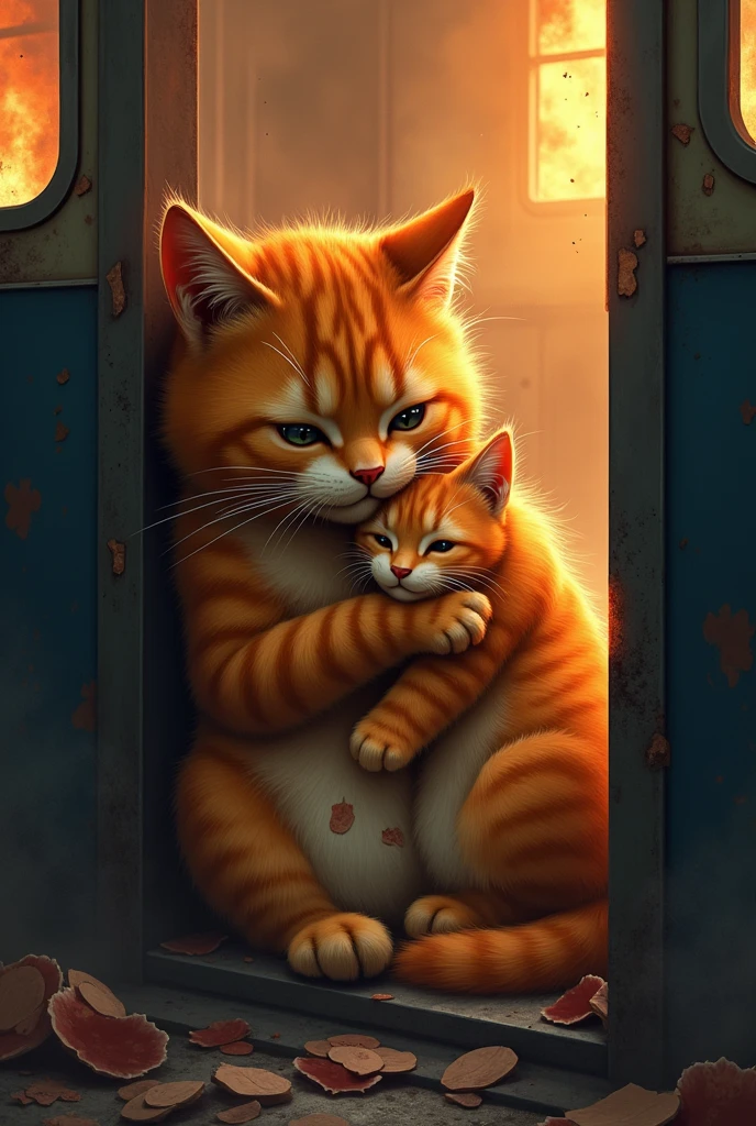 "An orange chubby cat cradles his injured chubby orange kitten, both covered in soot and burn marks, huddled together in the corner of a smoke-filled train compartment as flames rage around them."
