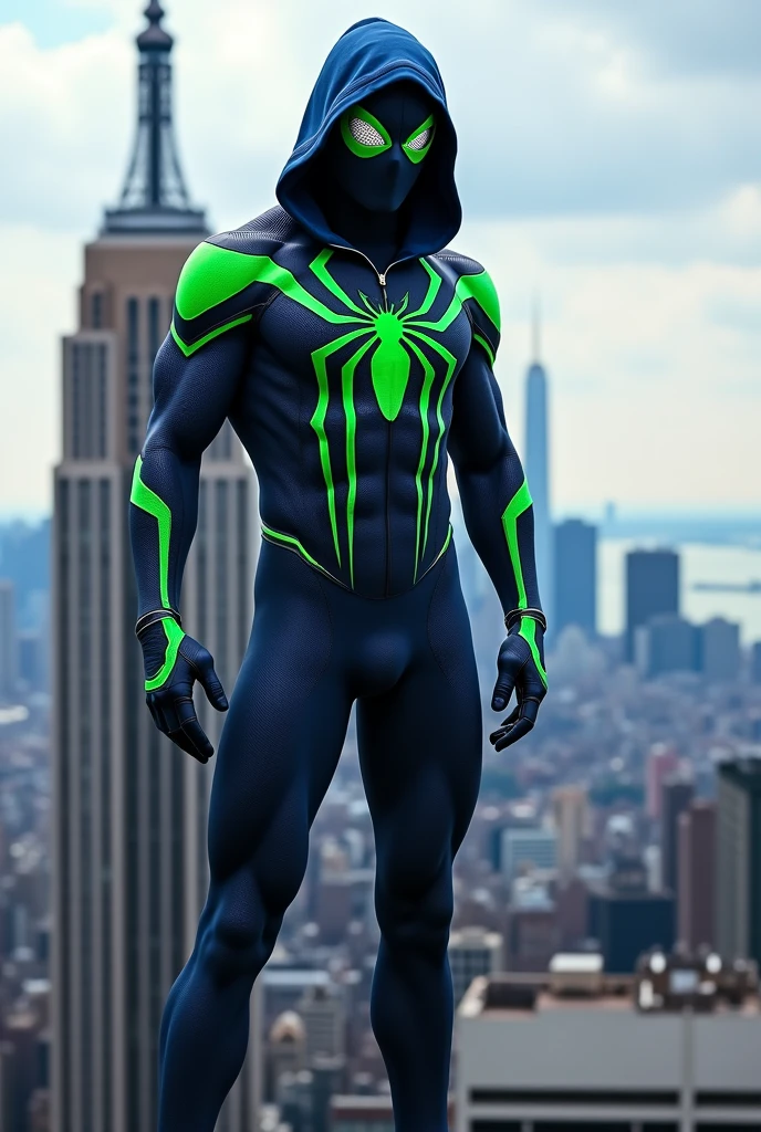 Spider man with a navy color with a navy hood with green stripes and on top of the empire state building