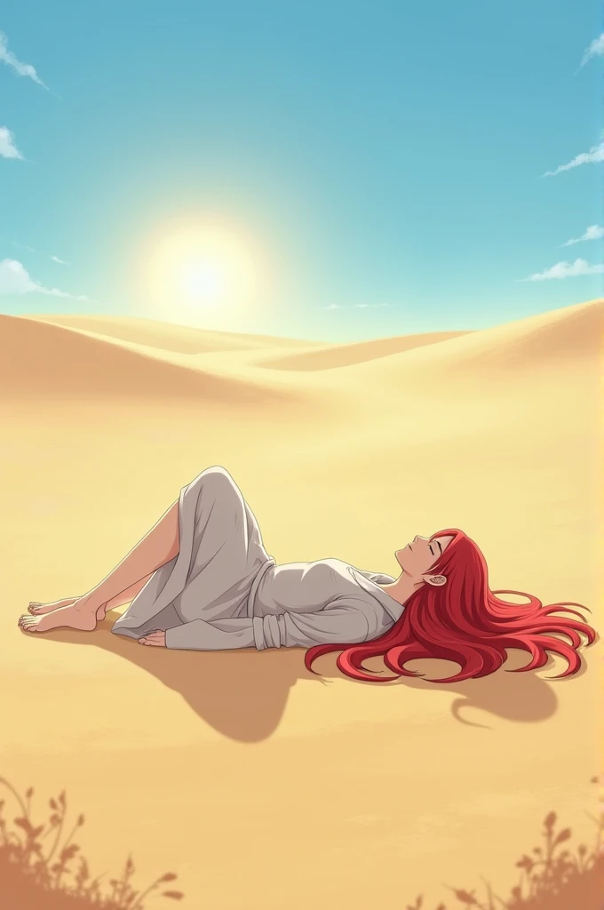 Anime long red haired giy laying down in the dessert