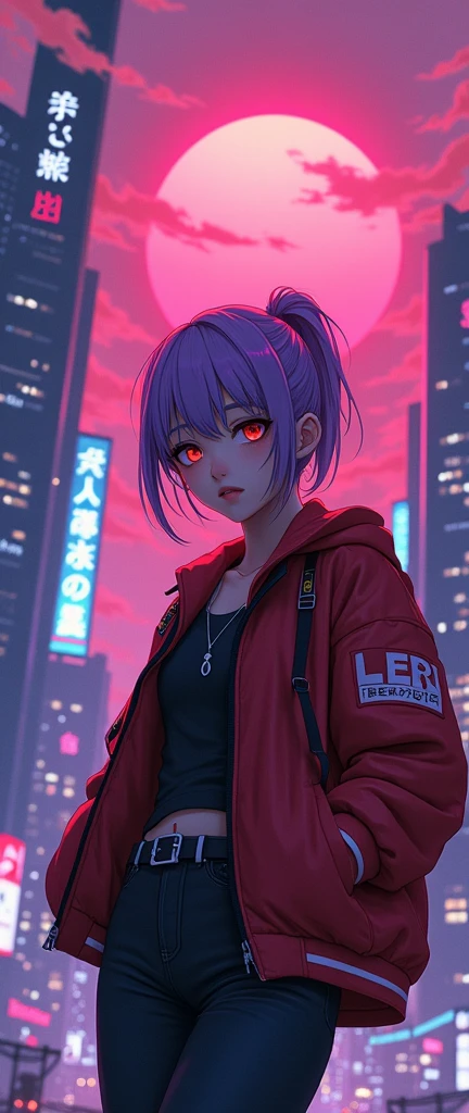 Close-up of city with neon sunset in the background, synthwave city, vaporwave city, Synthetic Wave Aesthetics, Neon city in the background, Background of Neo Tokyo, Neon metropolis in the background, Futuristic urban background, cyberpunk aesthetic, The city's backstory is cyberpunk., purple cyberpunk city, cyberpunk city background, cyberpunk aesthetic, Cyberpunk atmosphere, cyberpunk cityscape,animated clouds, animated background, animated sky, in Makoto Shinkai's Story, Beautiful puffy clouds. the anime, Makoto Shinkai's Story, Makoto Shinkai!, beautiful animated landscape, Based on Shinkai Makoto's, anime landscape wallpaper, Makoto Shinkai!!, Art style by Makoto Shinkai,Japanese girl,Pale skin,beautiful face(purple hair)Red jacket,Tokyo at night, with Cyberpunk style,japanese street clothes,tokyo fashion,With a Cyberpunk 2077 jacket,longitud total,Attractive Pose,bottom view