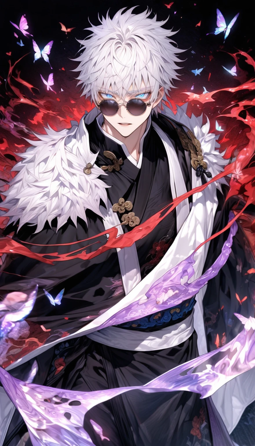 Ultra detailed, Highres, absurdres, HDR, UHD, master piece, Gojou Satoru, white hair with bangs, expressive blue eyes, white eyelashes, black round sunglasses, black and white Chinese clothes, Jujutsu Kaisen, sexy man, solo, handsome, glittering, purple magical, red magical, fantasy, manly man, black Chinese clothes, accessories, butterflies, red background