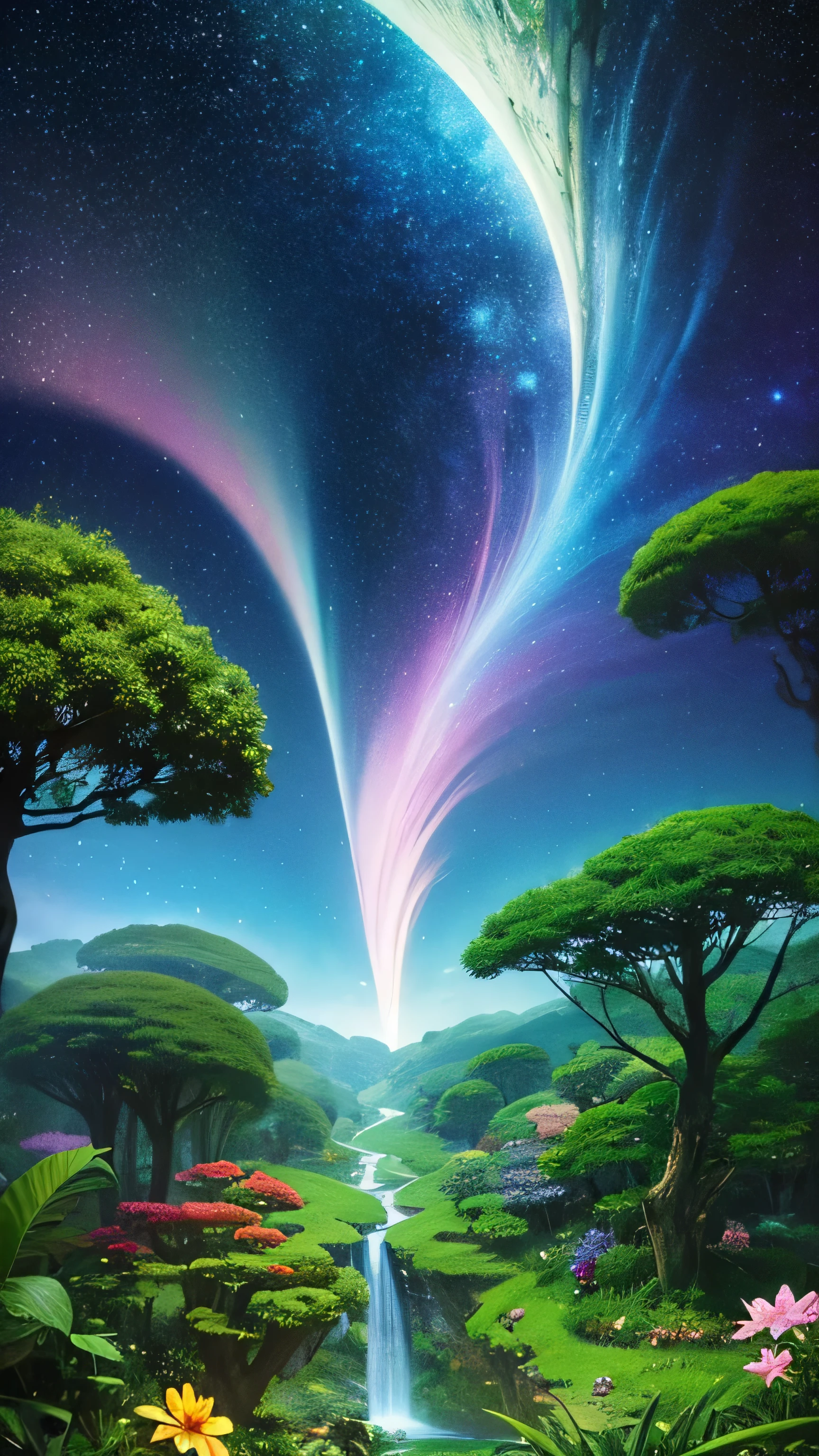 Viral anime nature wallpaper in 4K quality, in the style of illustration inspired by Akira Toriyama, featuring a fantastical jungle with oversized plants, vibrant flowers, and exotic animals; bright and playful color temperature, cosmos lighting with stars twinkling in the sky, no human characters, the atmosphere is adventurous and whimsical --v 5 --stylize 1000