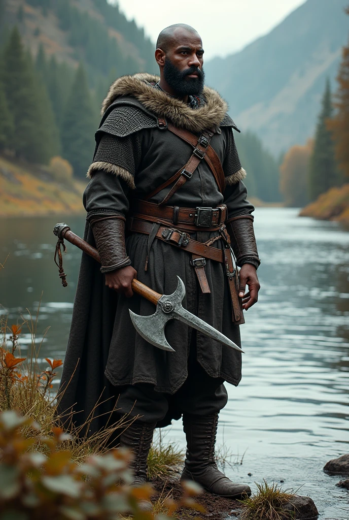A black boy, dressed as a medieval adventurer, warrior, average constitution, muscle, dark brown eyes, baldie, Black Beard, an axe in his hands, watching the river