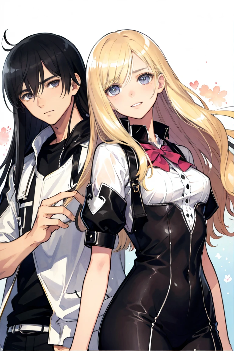 man and woman, couple, love, mature, a cat woman, she has freckles, she has dark brown eyes and an upturned nose, she is happy and smiling, she has long wavy hair, black hair, she is wearing aviator sunglasses with clear lenses in a soft watercolor style. The girl's clothes must be pink, purple, and blue in celebration of the bisexual, with stains of ink and watercolor mixing and filling the scene. he has blonde hair, he is handsome, he is slim. There should be a subtle, nuanced change in colors using the impasto technique with gouache paint. There should be a light rain in the watercolor painting with a little watercolor paper texture and a pastel background.