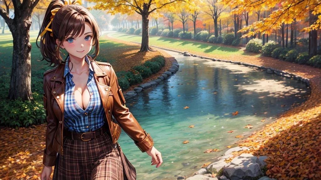 1girl, solo, trees, sun, clouds, autumn, colorful trees, falling leaves, ((brown hair)), ponytail, large breasts, ((brown leather jacket)), button down shirt, ((blue checked shirt)), ((checked shirt)), ((unbuttoned shirt)), ((unbuttoning buttons)), ((popping buttons)), ((full cleavage)), blue eyes, long skirt, brown boots, smile, happy, looking at the viewer, ((walking)), hair ribbon, golden necklate