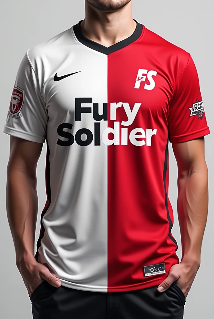 Creat a jersey of FS ESPORTS IN WHITE AND RED like slipt mix COLOR with FURY SOLDIRER WRITTEN IN MIDDLE .FS LOGO IN RIGHT TOP with wearing by 4 poople