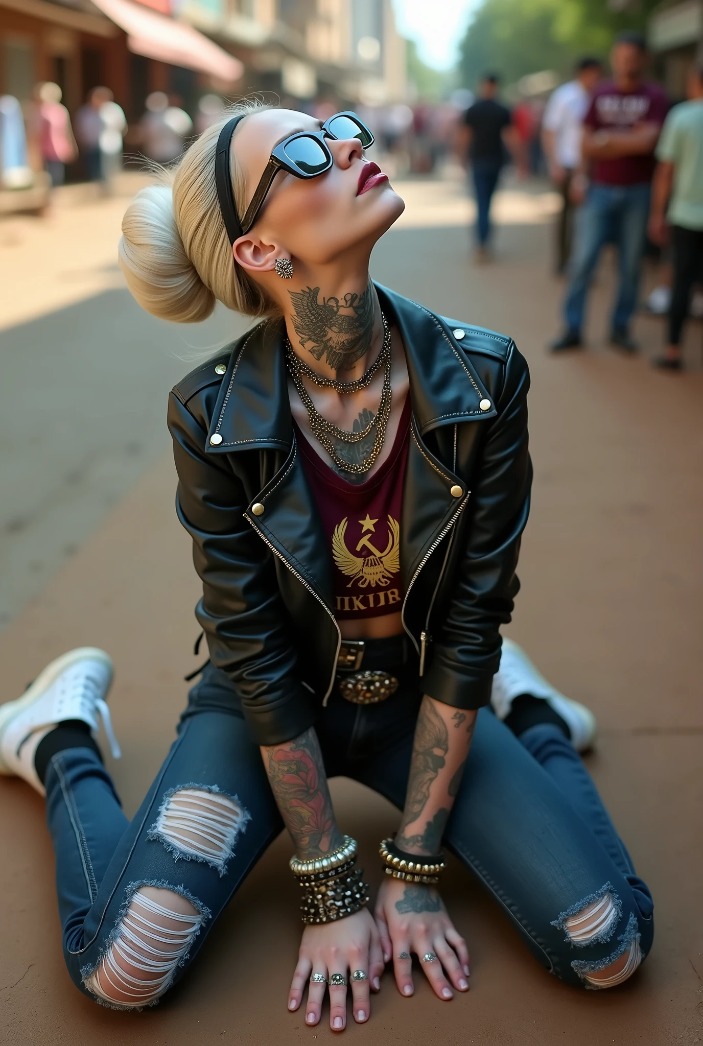 russian old milf woman, , blonde platinum hair (beehive bun) and oversized square sunglasses as headband), with very light green eyes, extremely pale. No tan. Wearing aged cropped black moto jacket (zippers on the side). Cropped short dark burgundy push up t-shirt with winged hammer and sickle logo and gothic lettering,, dark skinny low rise blue jeans with holes on knees (white cotton visible). White tennis sneakers. Lots of thick wide studded bracelets, chain collars and big rings. Tacky wide studded leather belt with big eagle oval buckle. Long earrings with chains. Kneeling and looking up at the sky, stretching her neck.. Hands on knees, spread legs, Toned abdominals, thin neck, slim legs and thin arms. Narrow hips. Heavily tattooed in colour on chest, hands, neck and arms. Crowded street of Nairobi