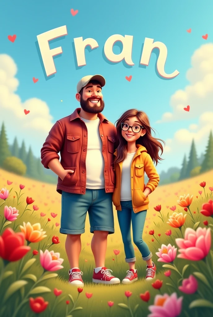 Tall fat white man with a flannel cap and shorts, sports shoes in a field of multi-colored flowers accompanied by his girlfriend, a cinnamon-skinned woman with long brown hair, reading glasses, dressed in home clothes and with the texts Fran and Meylin with the letters of the names in capital letters and blue and red colors