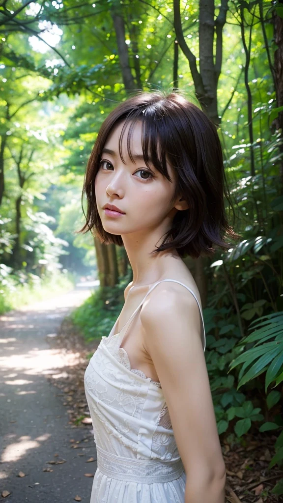 1 person、woman、skinny、Young face、short length、Enchanted eyes、Beautiful scenery、one piece、Show your side