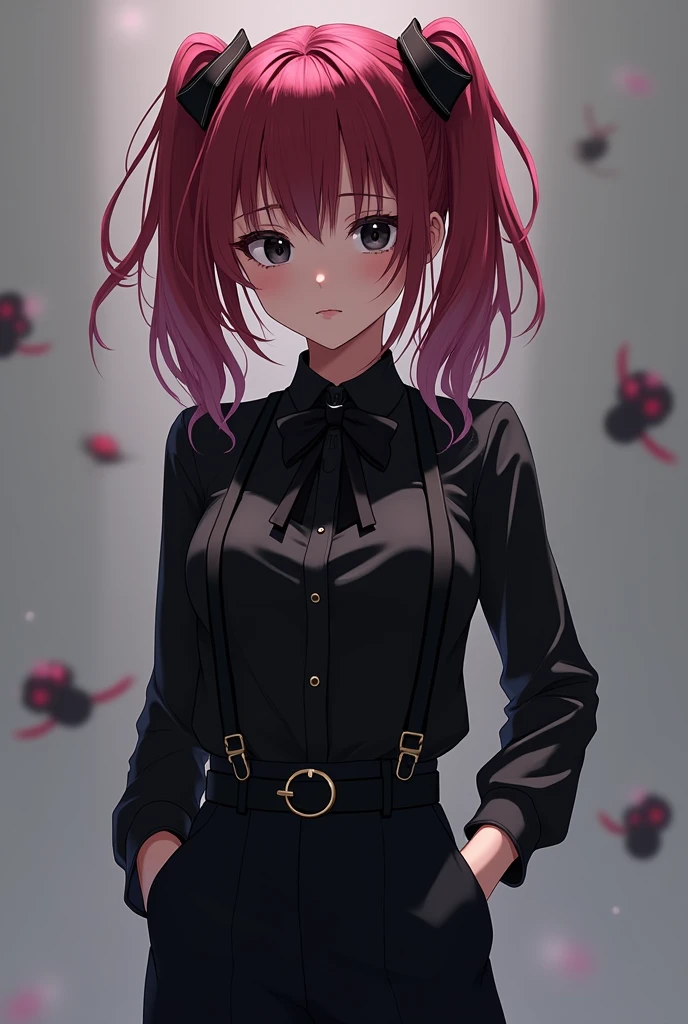 anime style, beautiful anime girl, standing, wearing black dress shirt, red and pink ponytail hair, black eyes, wearing suit pants, suspender, all button up, not smiling, bowtie, wearing white suit