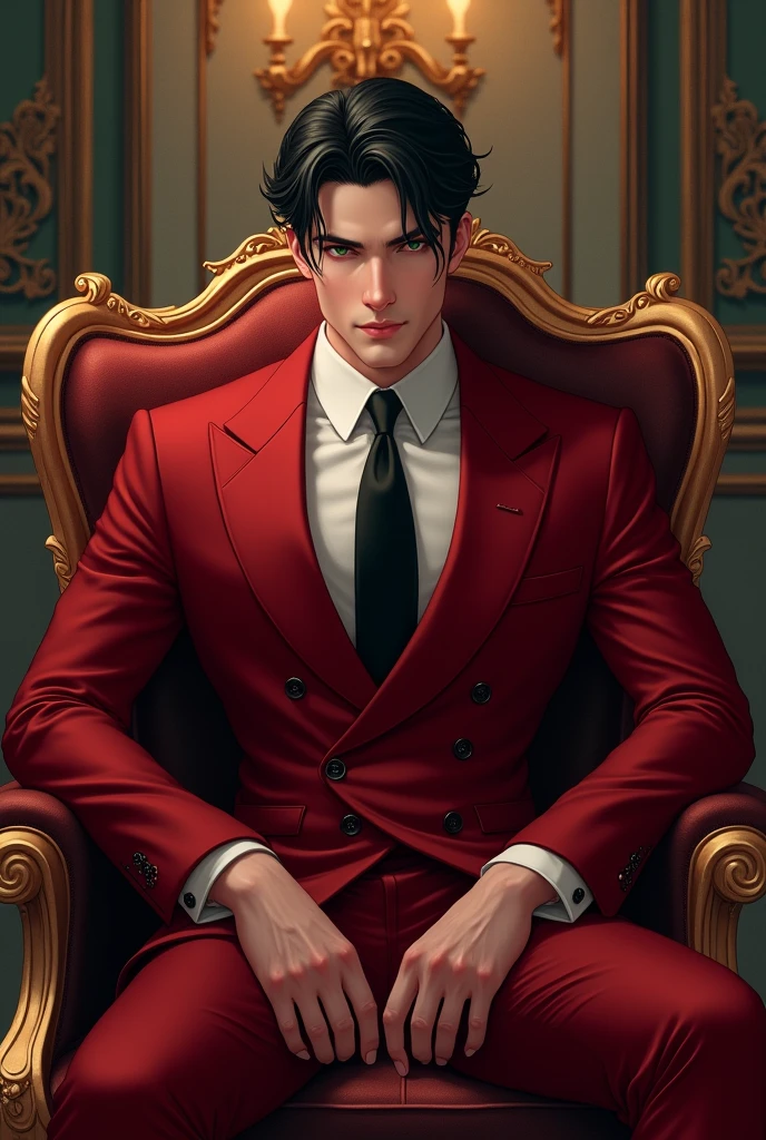 (Manhwa:3.2) Black Hair, Green Eyes, Handsome Face Red Suit, Black Tie, Royal Room Background, Sitting in a chair,