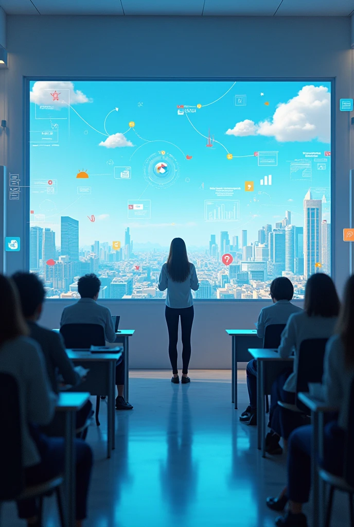 A teacher and a group of students in front of a giant screen showing a virtual environment, with video conferencing icons, chats, and study materials floating around.
