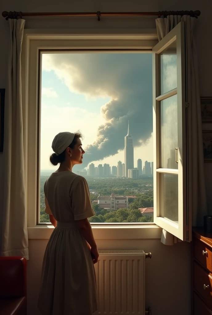 And an image where a housewife is inside the house when she opens the window and there is a landscape in the background of the window where we can see Brasilia with its monuments of the national congress full of smoke and some of the smoke enters the house.