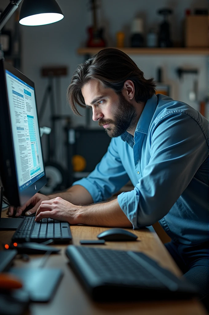 white male, western, 30 YEARS OLD, with medium length dark brown hair, well-groomed, and medium black beard, proffesional, repairing a home computer in your electronics workshop, image must have medium contrast, high resolution, with modern and opaque background, highlighting the main character