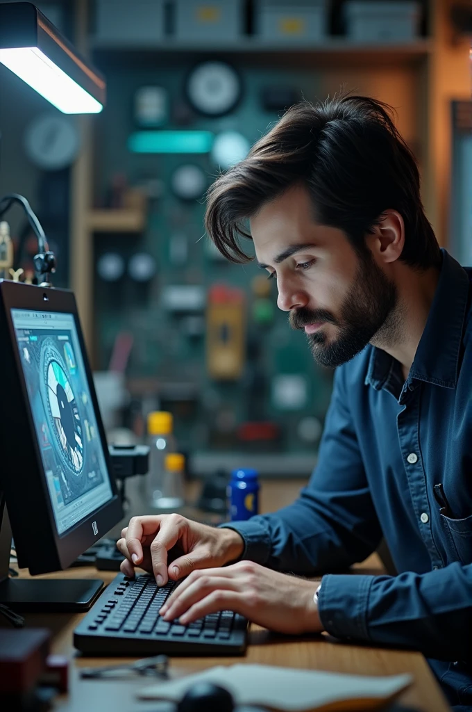 white male, western, 30 YEARS OLD, with medium length dark brown hair, well-groomed, and medium black beard, proffesional, repairing a home computer in your electronics workshop, image must have medium contrast, high resolution, with modern and opaque background, highlighting the main character