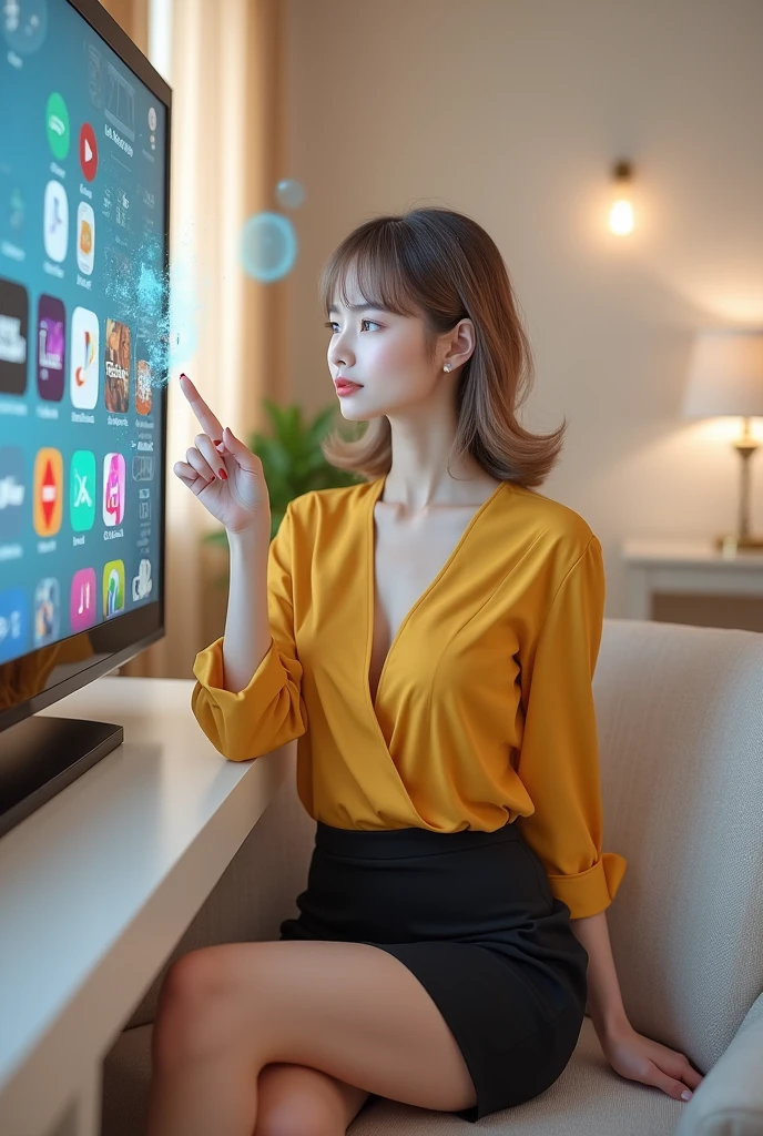 Create an image of a beautiful young woman with a fit and toned figure, wearing her hair in bangs with a brownish-gray sheen. She is dressed in a luxurious outfit with a yellow top and a black skirt, complemented by 3-inch black high-heeled sandals. The background is in pastel tones with multimedia icons. Her hand is pointing towards a smart TV screen.