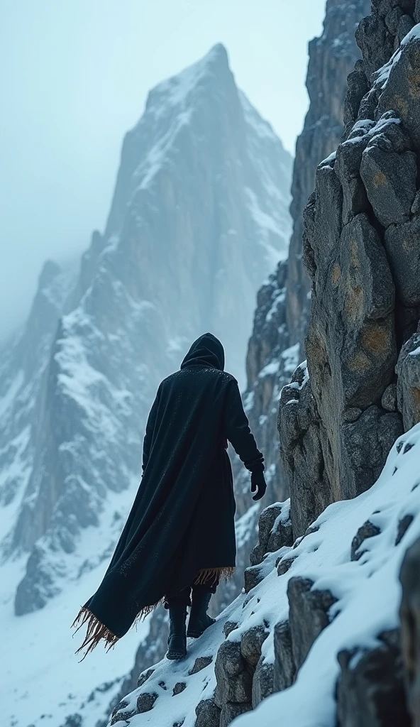 In the style of real movies，A man in black is climbing a mountain，With your back to the camera
