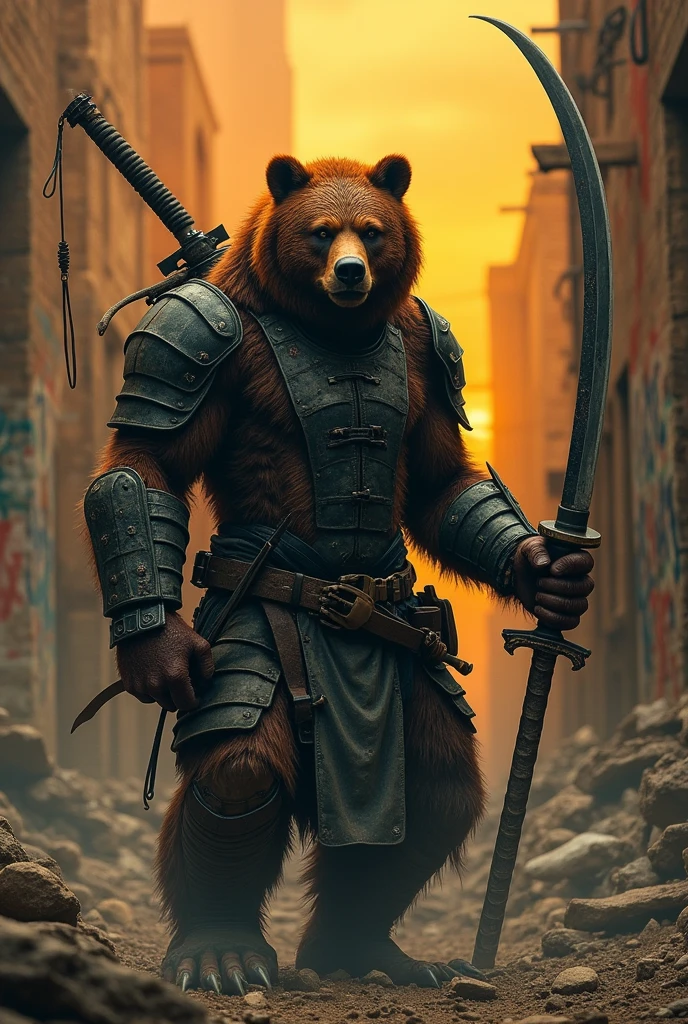 Mid-shot，Dark sci-fi style, Brown bear warrior holding a sharp samurai sword, Wearing scaly high-tech armor, Gloomy expression,Post-apocalyptic dystopian landscape,the ruined city,Rubble and ruins,Orange sky,Graffiti covered wall,Film composition,Ultra Detailed,masterpiece，(Style similar to Grimly),((Amazing Art Effects from Hans Haltung)),