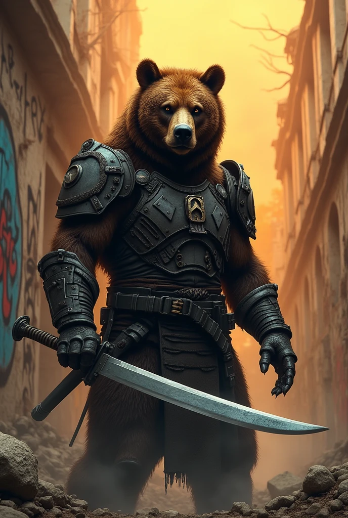 Mid-shot，Dark sci-fi style, Brown bear warrior holding a sharp samurai sword, Wearing scaly high-tech armor, Gloomy expression,Post-apocalyptic dystopian landscape,the ruined city,Rubble and ruins,Orange sky,Graffiti covered wall,Film composition,Ultra Detailed,masterpiece，(Style similar to Grimly),((Amazing Art Effects from Hans Haltung)),