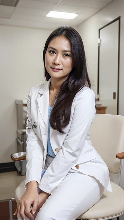 Indonesian woman,((40 years old)), doctor, beautiful face, white skin, doctor suit, white coat, stethoscope, pants, big hips, soft smile, sweet face, hospital, sit on chair