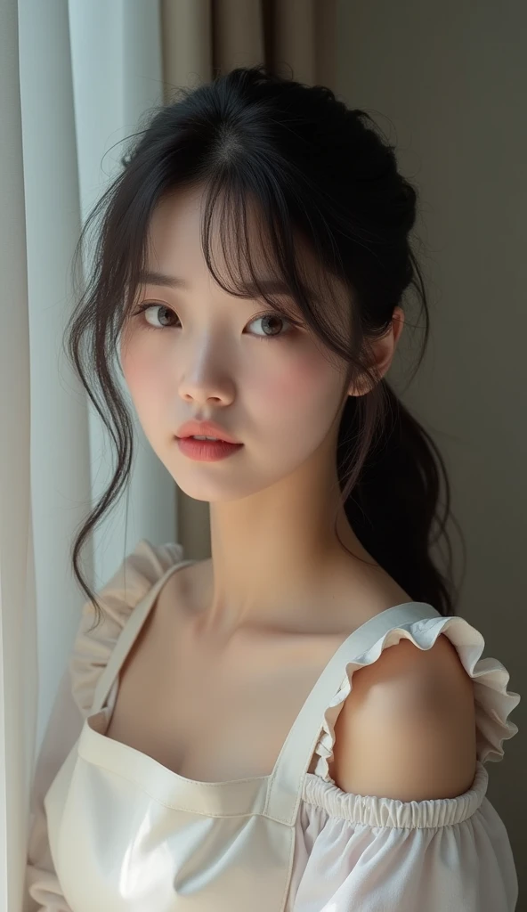 ((Highest quality, 8k, masterpiece :1.3)), (Reality Photos:1.37)、Very detailed、Ultra-high resolution, ((From the side:1.2、From below)),((Full body photo)),Small breasts、Perfect Face、Beautiful expression、Beautiful Face、Beautiful Eyes、1 high school girl、乃木坂系beautiful girl:1.4,beautiful girl、Beautiful black hair、(Naked Apron:1.2、The shoulder straps are slipping and falling off.、Shoulders exposed:1.3,Short frill apron)、明るいキッチンに立つbeautiful girl、Embarrassing expression、Blushing