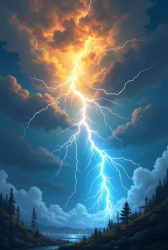 thunder and lights anime illustration style, without any characters, predominating yellow and blue colors, effect with lights, without a landscape