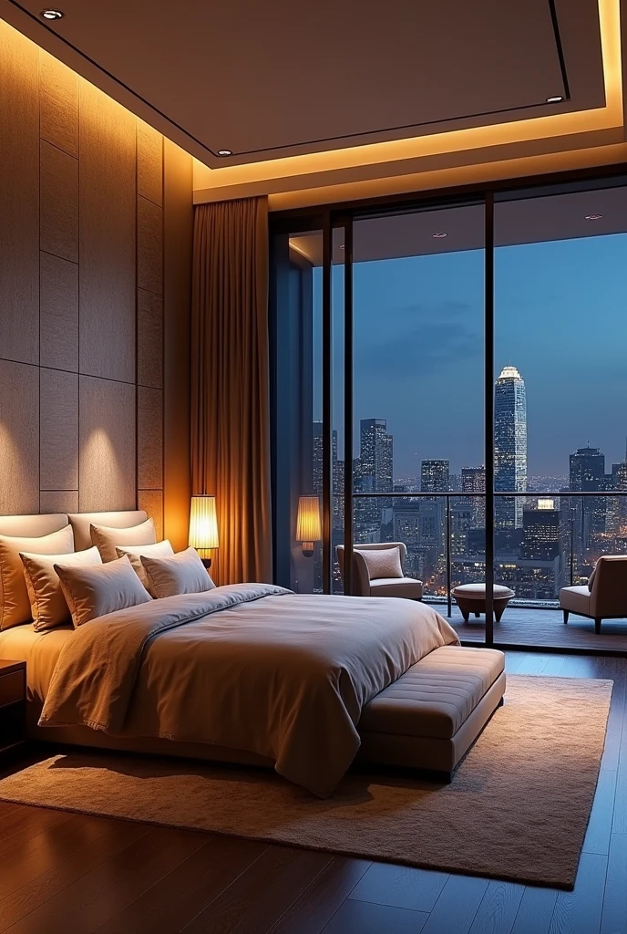 Luxurious master bedroom with king-size bed and luxurious linens, Textured stone wall background. The room is warm, Modern bedside lamps and chandeliers provide soft lighting for a cosy atmosphere.。. Near the floor-to-ceiling windows、There is a cozy sitting area with plush armchairs and a small coffee table.。, Enjoy a private and beautiful night view, View through sleek glass doors, Modern cityscape at night