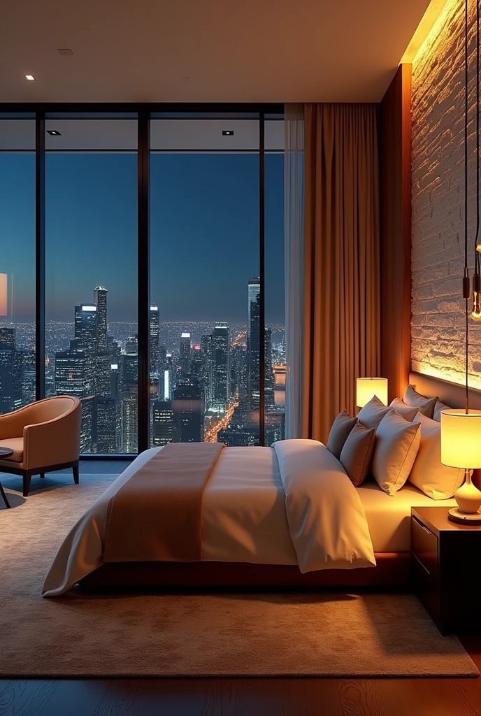 Luxurious master bedroom with king-size bed and luxurious linens, Textured stone wall background. The room is warm, Modern bedside lamps and chandeliers provide soft lighting for a cosy atmosphere.。. Near the floor-to-ceiling windows、There is a cozy sitting area with plush armchairs and a small coffee table.。, Enjoy a private and beautiful night view, View through sleek glass doors, Modern cityscape at night