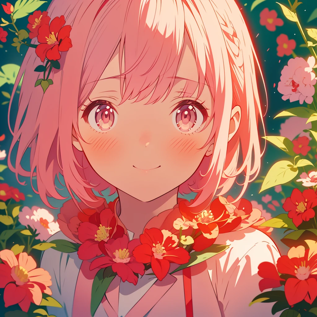 kawaii, anime, Cute, hyper quality, highly detailed, 8k, Clarity, Draw facial expressions in detail, A young girl with short light pink hair and scarlet eyes., Housenka, red balsam, Impatiens balsamina, rejection,
