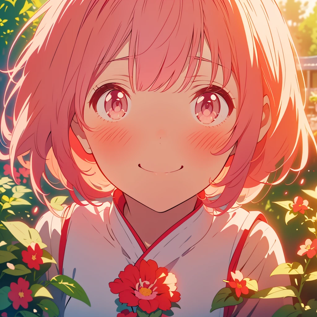 kawaii, anime, Cute, hyper quality, highly detailed, 8k, Clarity, Draw facial expressions in detail, A young girl with short light pink hair and scarlet eyes., Housenka, red balsam, Impatiens balsamina, rejection,