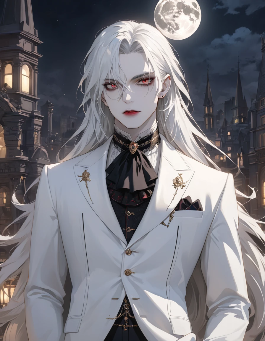 masterpiece, highest quality, (solo focus), (perfect face:1.1), (high detail:1.1),dramatic, 1guy, (pale skin), long white hair, white eyes, solo, long hair, moon, night, white luxury suit, vampire, covered navel, pouty lips, covered, victorian city, detailed background, gothic renaissance, cinematic lighting,