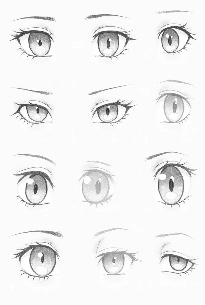 Make a layout of multiple anime eyes sketched by a pencil 