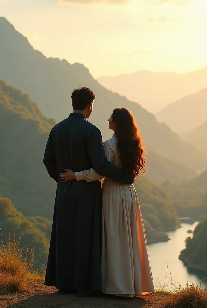 A Muslim couple the man is 1.85 tall and weighs 120 kilos black dark hair, the woman is 1.59 tall and weighs 78 kilos with long curly brown hair hugging and looking into a beautiful view. A picture from behind.