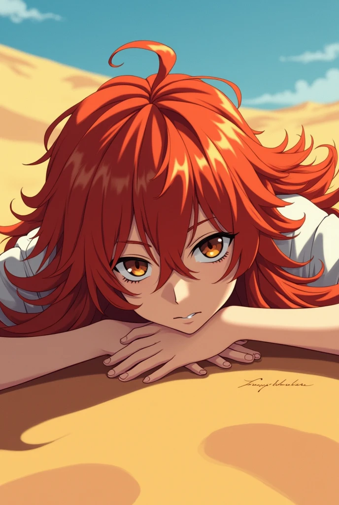 Anime long red haired guy laying down in the dessert close up looking at the camera
