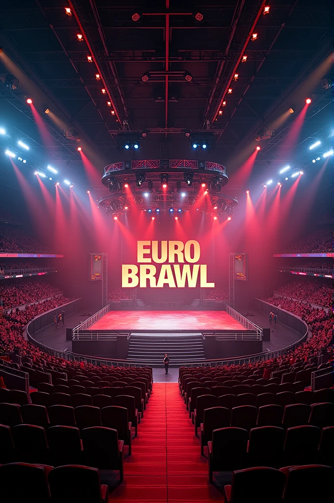 A grandiose stage for a wrestling event in a stadium, the stage has the word EUROBRAWL and the color scheme is the German flag